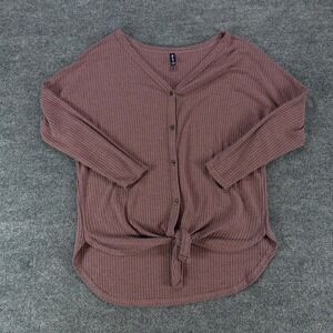 IWOLLENCE Womens XS Mauve Waffle Knit Button Down Tie Front Thermal Top